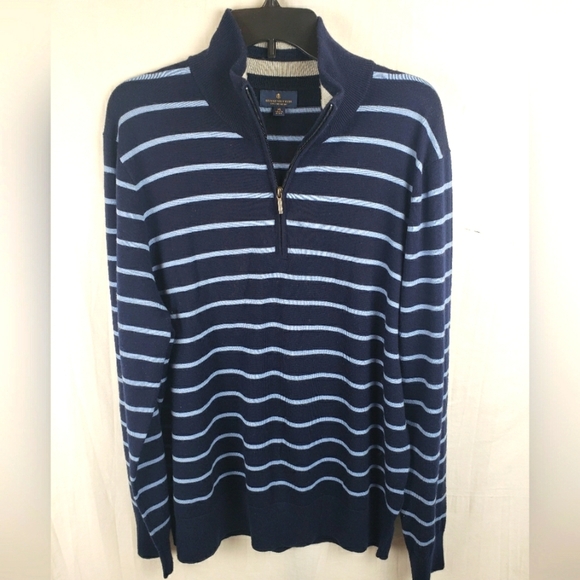 Brooks Brothers Quarter Zip Navy Striped Long Sleeve Fine Merino Wool Sz XL - Picture 2 of 8